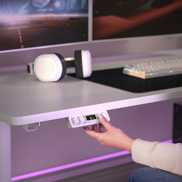 MÅLOMRÅDE gaming desk sit/stand, with monitor arms/electric white, 180x80 cm