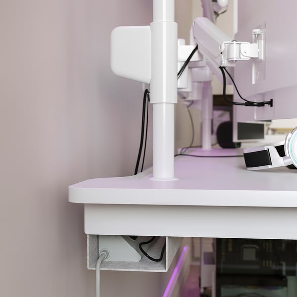 MÅLOMRÅDE gaming desk sit/stand, with monitor arms/electric white, 180x80 cm