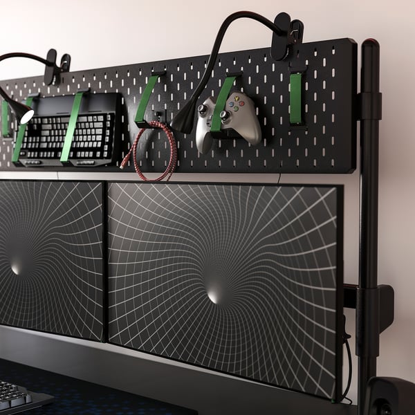 MÅLOMRÅDE gaming desk sit/stand, with monitor arms/electric black, 180x80 cm