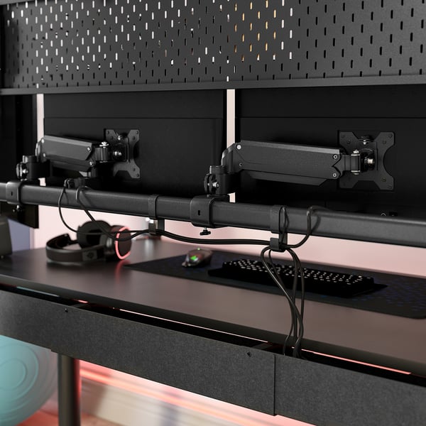 MÅLOMRÅDE gaming desk sit/stand, with monitor arms/electric black, 180x80 cm