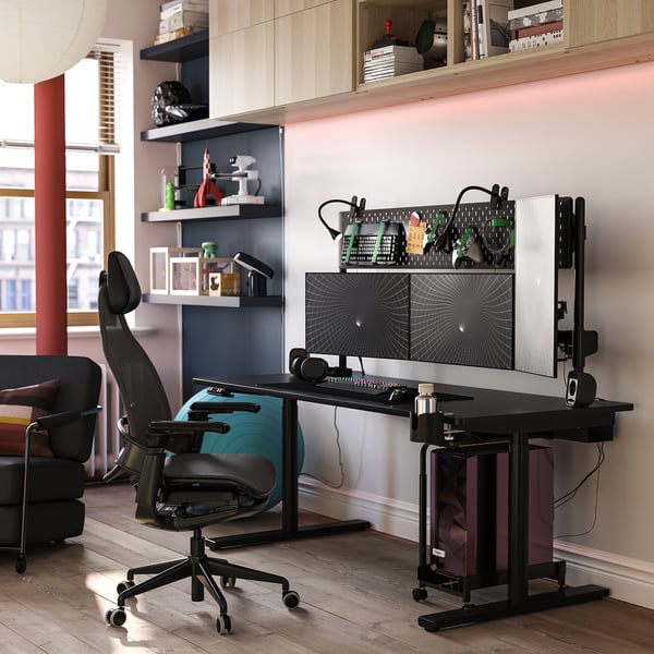MÅLOMRÅDE gaming desk sit/stand, with monitor arms/electric black, 180x80 cm