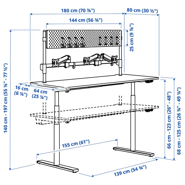MÅLOMRÅDE gaming desk sit/stand, with monitor arms/electric black, 180x80 cm