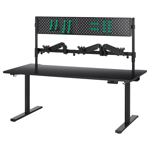 MÅLOMRÅDE gaming desk sit/stand, with monitor arms/electric black, 180x80 cm
