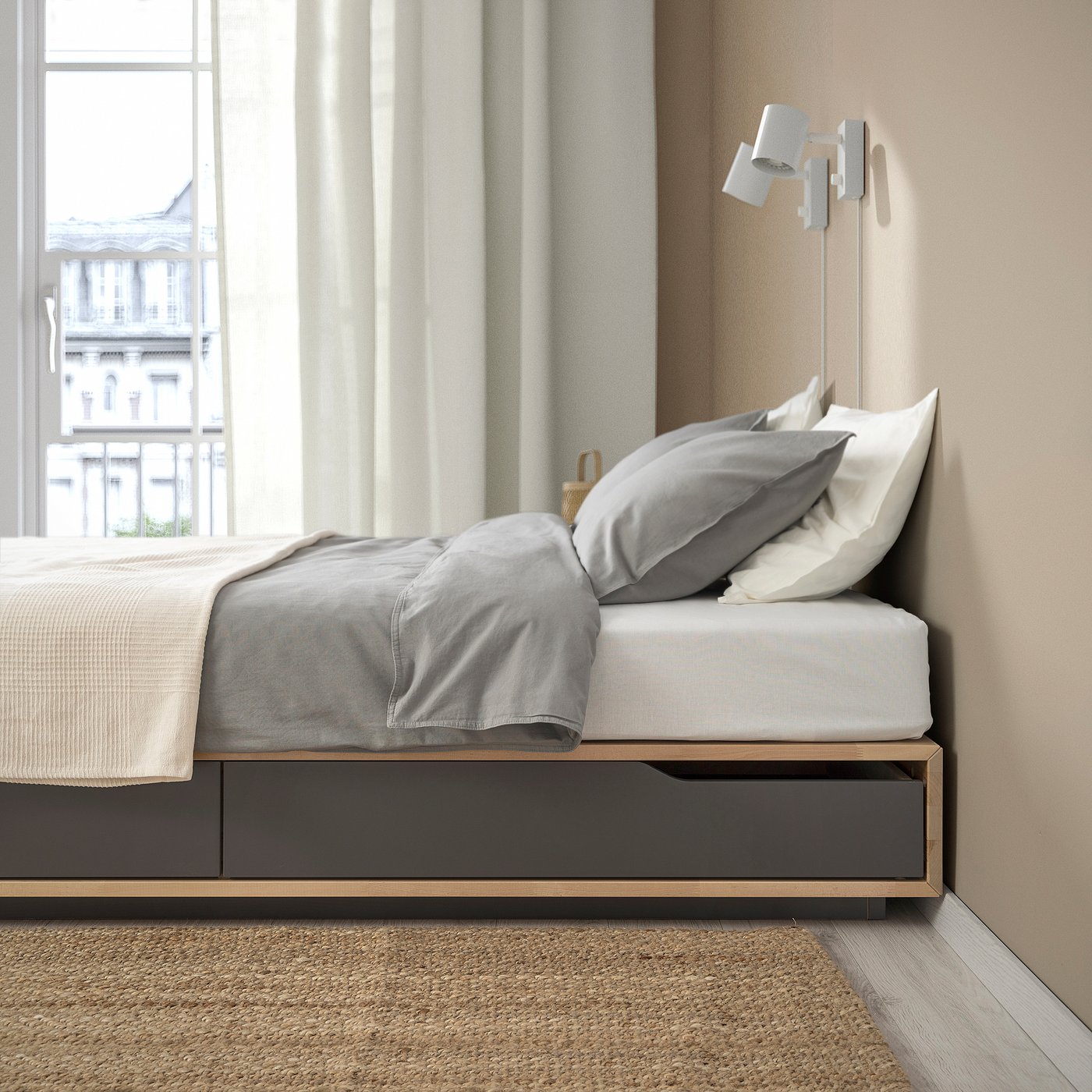 MANDAL bed frame with storage, birch/grey, 160x200 cm
