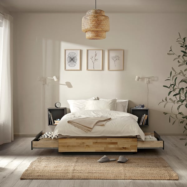 MANDAL bed frame with storage, birch/grey, 120x200 cm