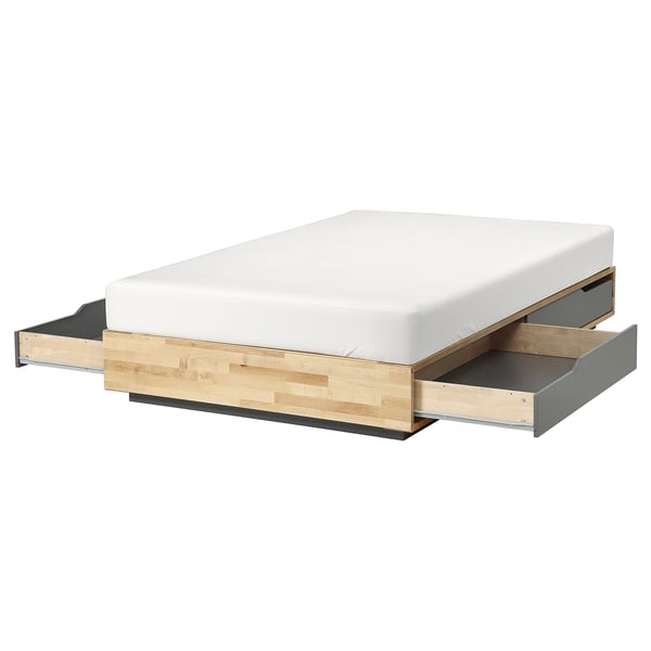 MANDAL bed frame with storage, birch/grey, 120x200 cm