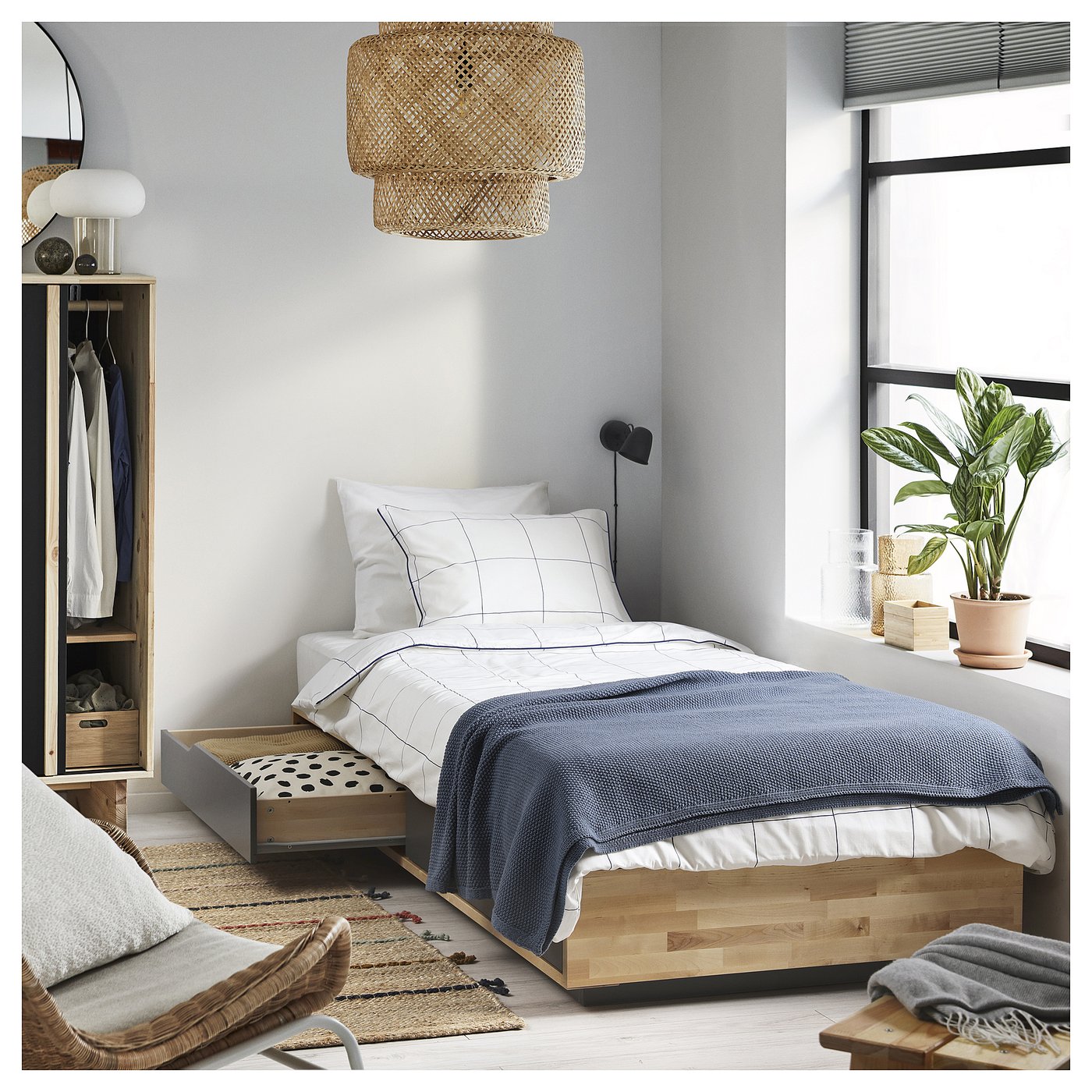 MANDAL bed frame with storage, birch/grey, 90x200 cm