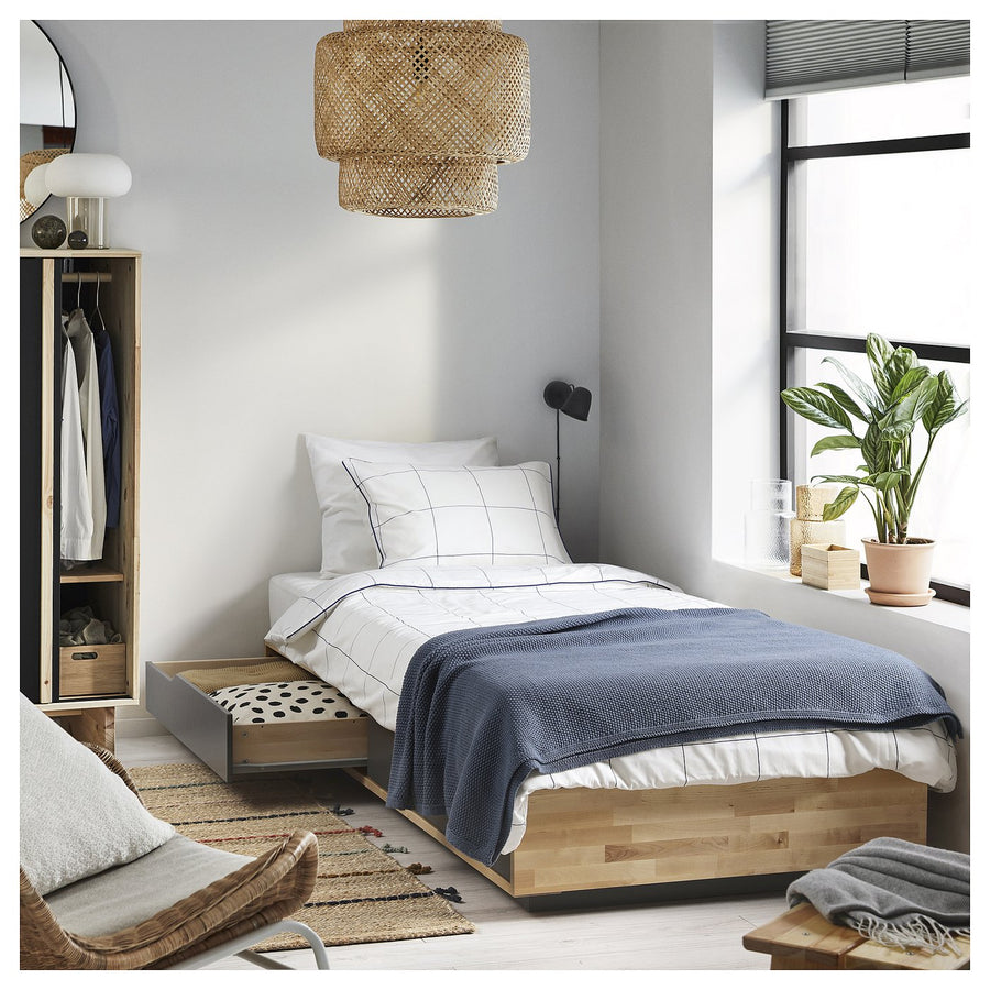 MANDAL bed frame with storage, birch/grey, 90x200 cm