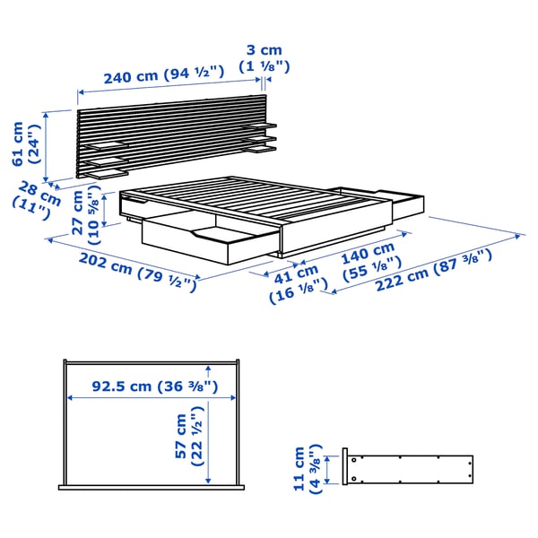 MANDAL Bed structure with headboard - birch/white 140x202 cm ,