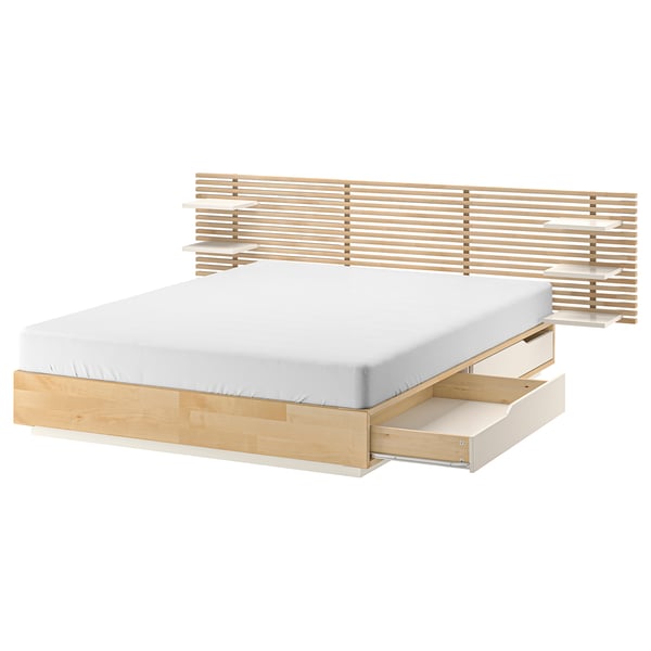 MANDAL bed frame with headboard, birch/white, 160x200 cm