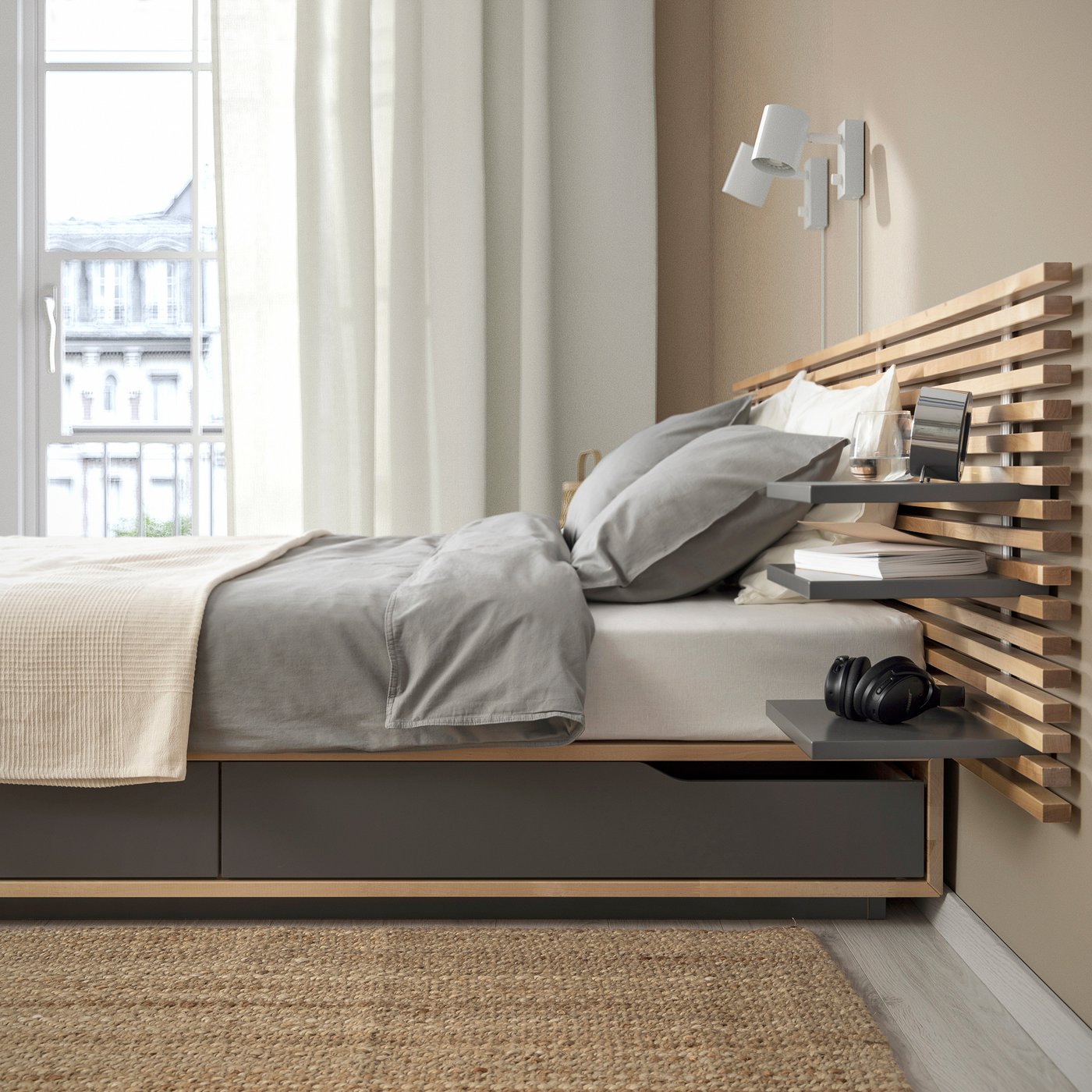 MANDAL bed frame with headboard, birch/grey, 140x200 cm