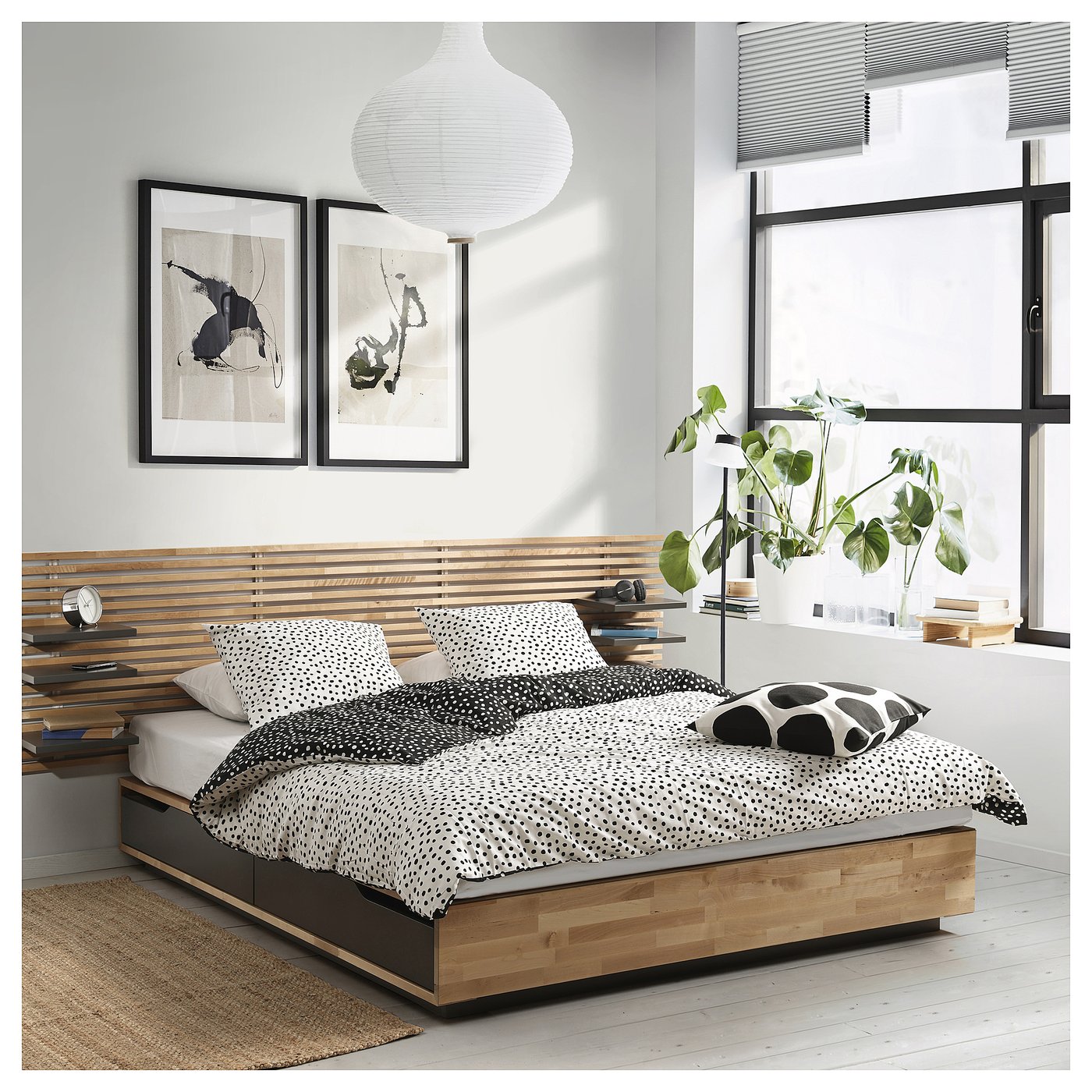 MANDAL bed frame with headboard, birch/grey, 140x200 cm