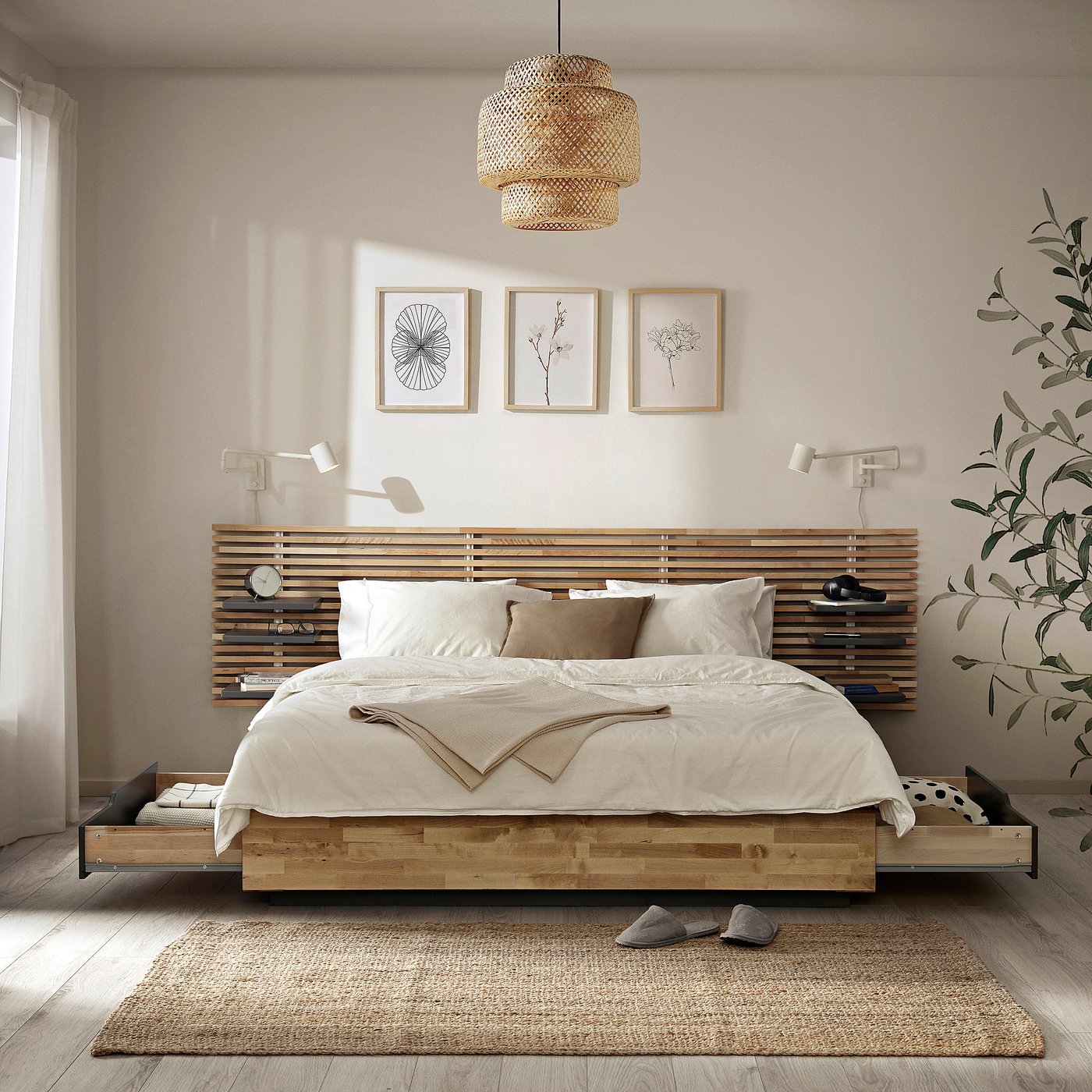 MANDAL bed frame with headboard, birch/grey, 140x200 cm