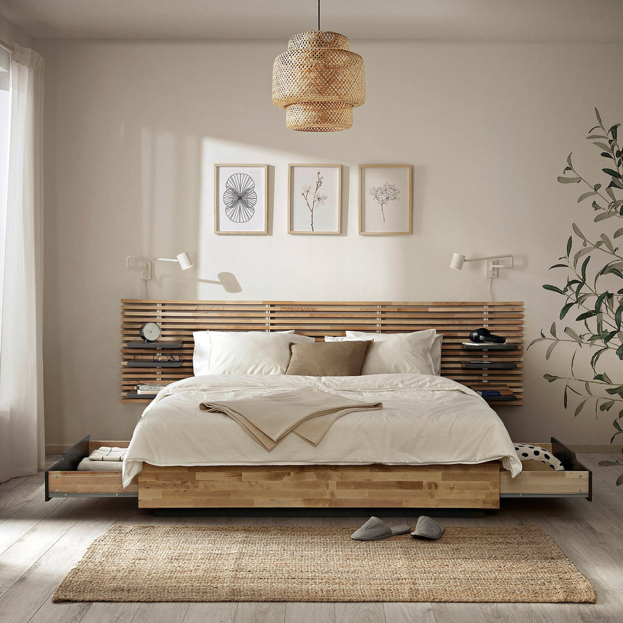 MANDAL bed frame with headboard, birch/grey, 140x200 cm