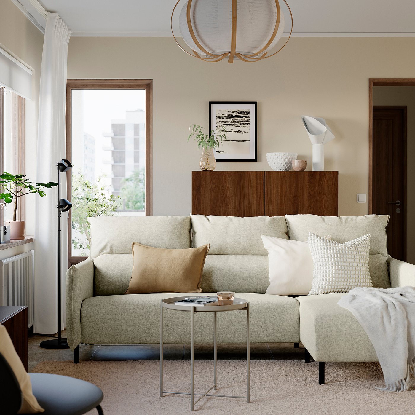 MANNARP 3-seat sofa with chaise longue, Gunnared beige, 229x96x160 cm