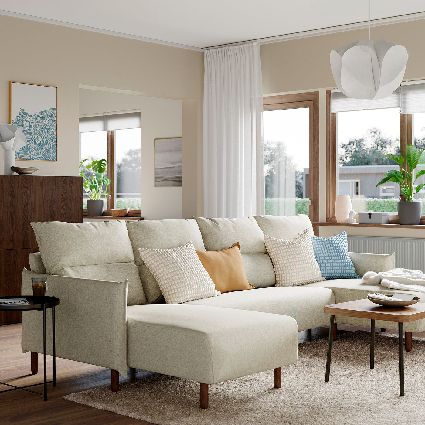 MANNARP 4-seat sofa with chaise longues, Gunnared beige, 300 cm