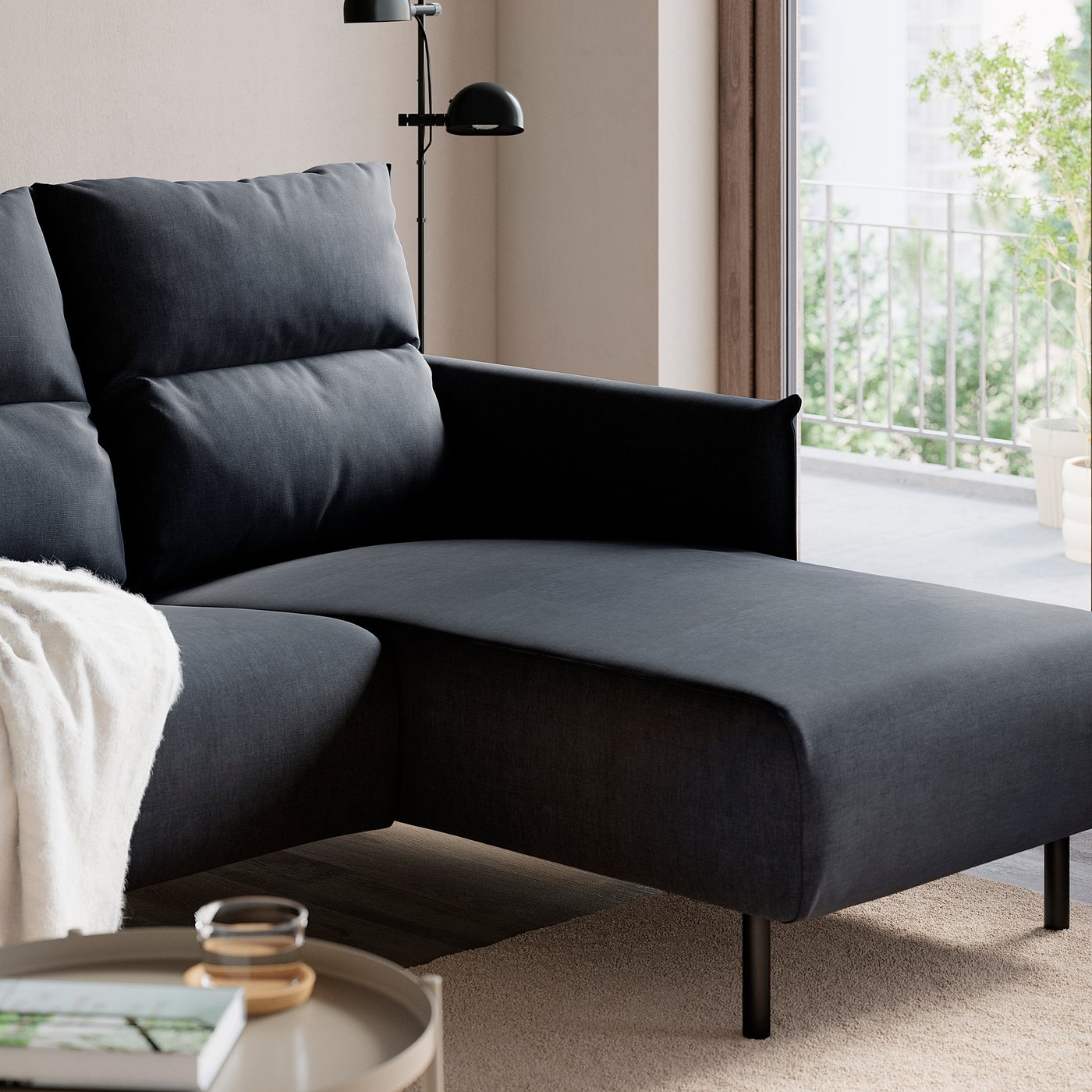 MANNARP 4-seat sofa with chaise longue, Saxemara black-blue, 71x96x160 cm