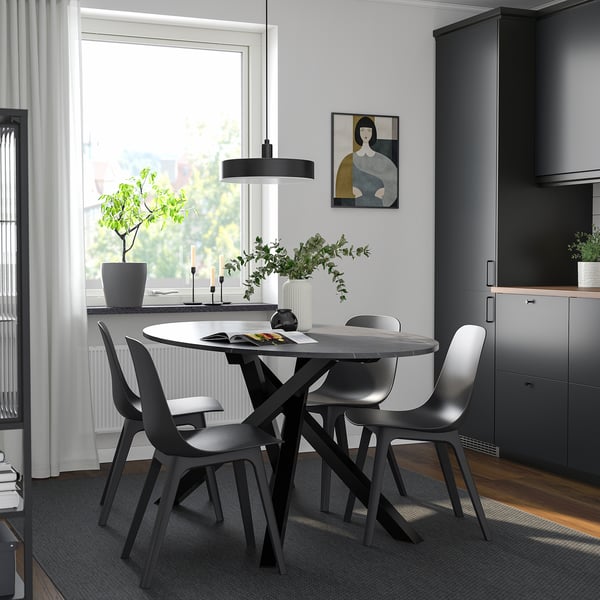 MARIEDAMM / ODGER table and 4 chairs, black marble effect/anthracite, 180x100 cm