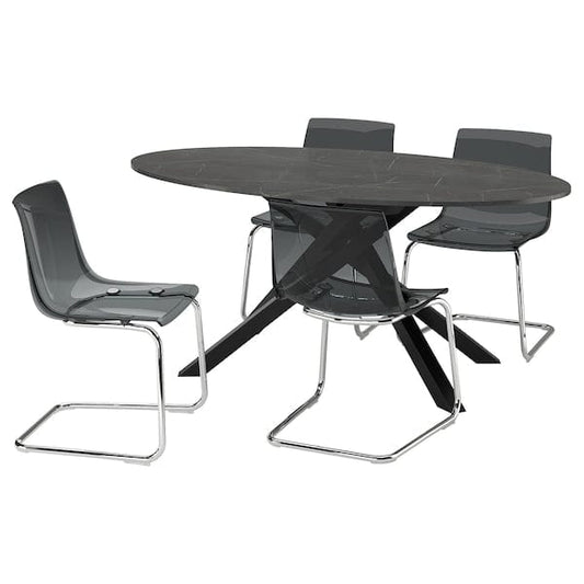 Ikea MARIEDAMM / TOBIAS - Table and 4 chairs, black marble effect/grey chrome-plated, 180x100 cm