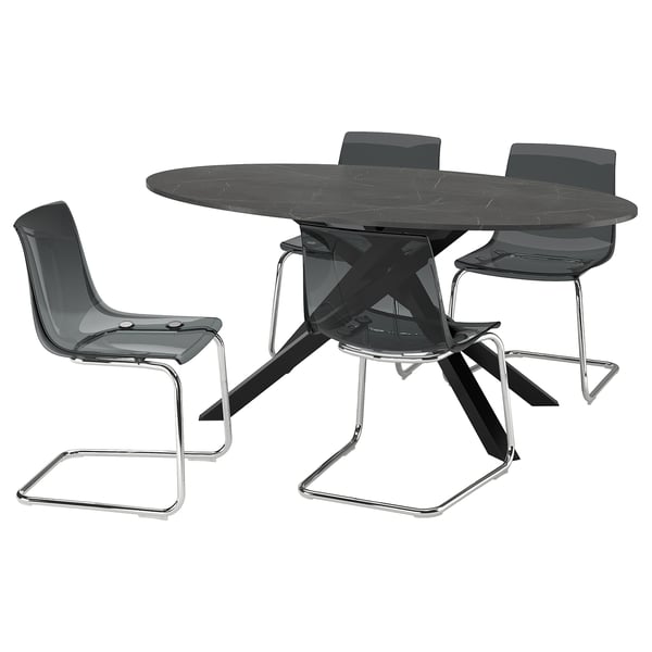 MARIEDAMM / TOBIAS - MARIEDAMM / TOBIAS Table and 4 chairs, black marble effect/grey chrome-plated, 180x100 cm