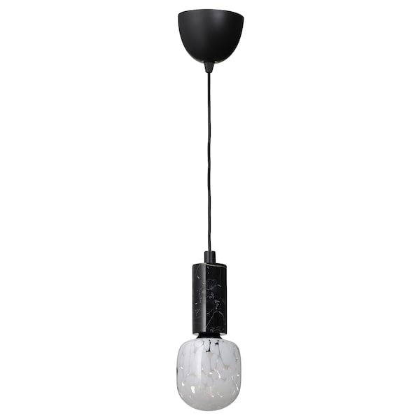 MARKFROST / MOLNART - Pendant lamp with bulb, black marble/transparent/white glass tube
