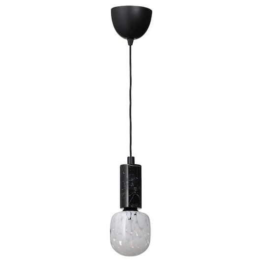 Ikea MARKFROST / MOLNART - Pendant lamp with bulb, black marble/transparent/white glass tube