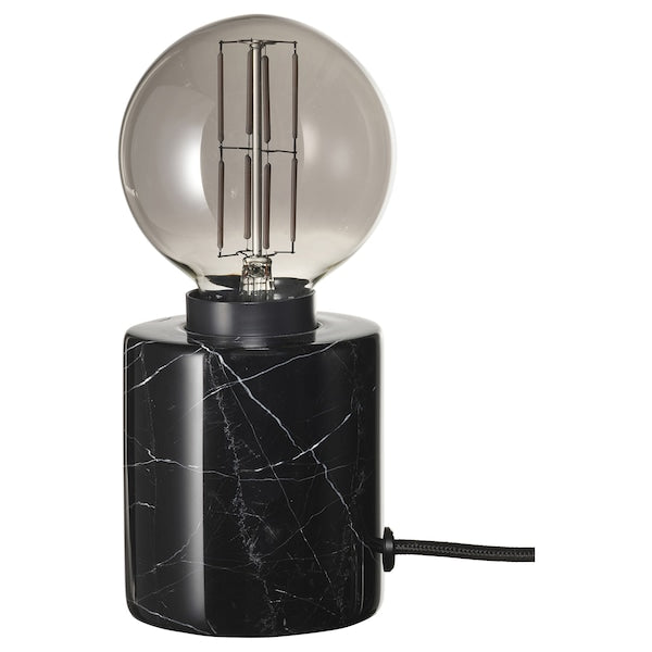 MARKFROST / MOLNART - Table lamp with bulb, black marble/globe gray clear glass