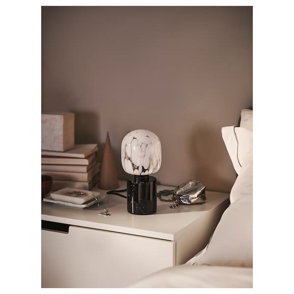 Ikea MARKFROST / MOLNART - Table lamp with bulb, black marble/transparent/white glass tube