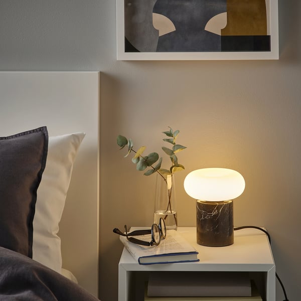 MARKFROST / MOLNART table lamp with light bulb, black/marble black
