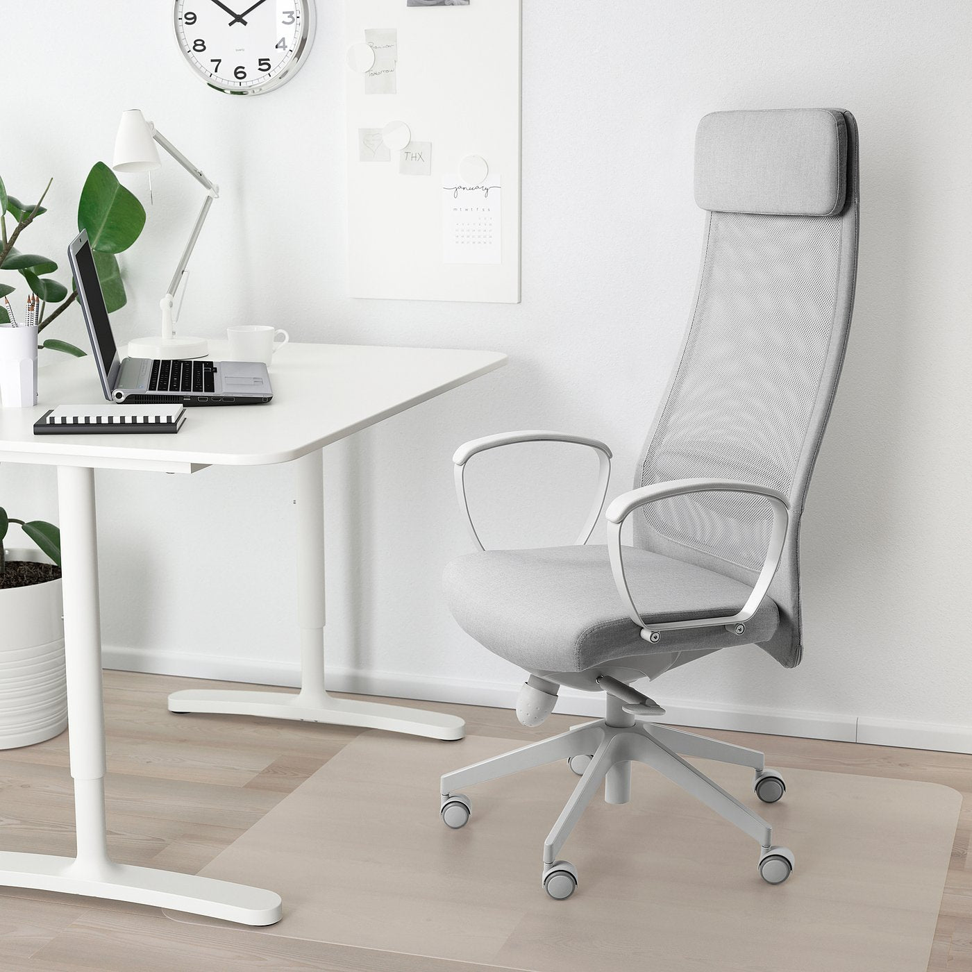 MARKUS office chair with armrests, with floor protector light grey, 71 cm