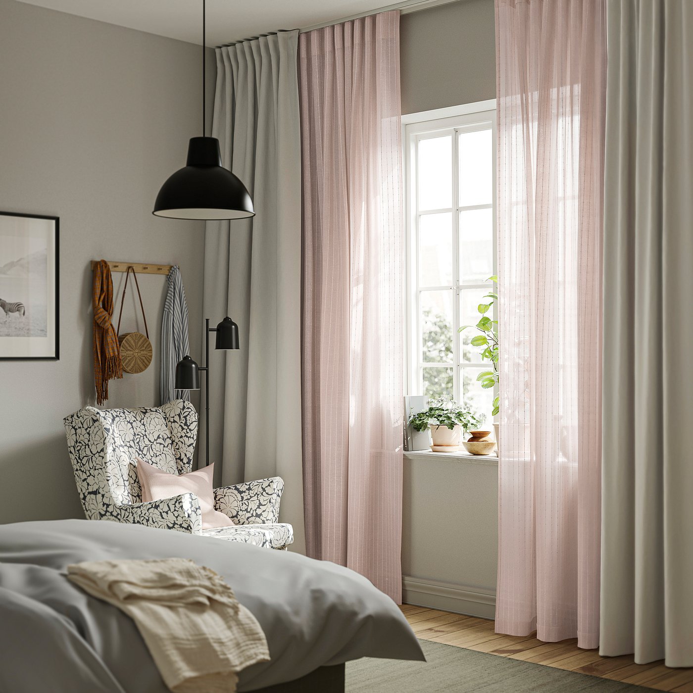 MATILDA sheer curtains, 1 pair, pale pink/with heading tape, 300x145 cm