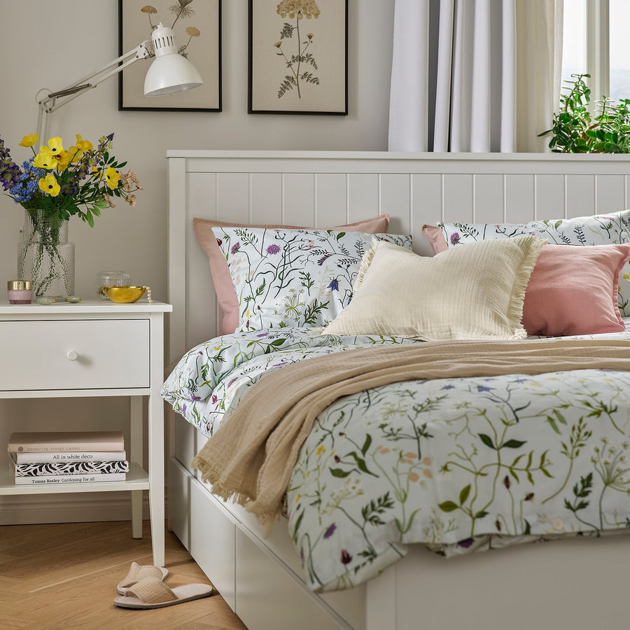MATTOXBÄR duvet cover and 2 pillowcases, pale blue/floral pattern, 240x220/50x80 cm