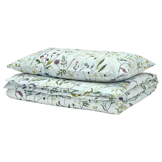 MATTOXBÄR duvet cover and pillowcase, pale blue/floral pattern, 150x200/50x80 cm