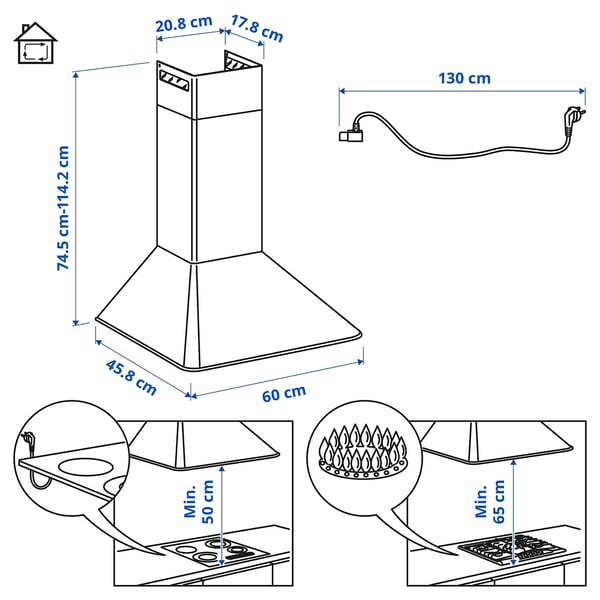 MATTRADITION wall mounted extractor hood, stainless steel, 60 cm