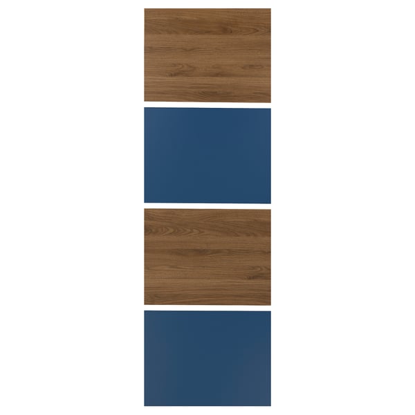 MEHAMN 4 panels for sliding door frame, walnut effect/blue, 75x236 cm