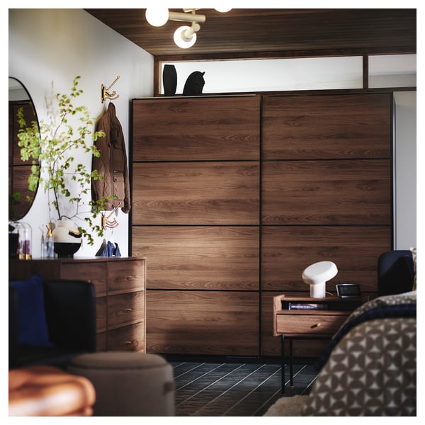 MEHAMN 4 panel sliding door frame, walnut/blue effect, 100x201 cm