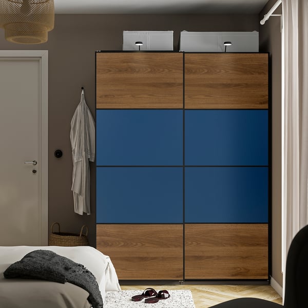MEHAMN 4 panel sliding door frame, walnut/blue effect, 75x201 cm