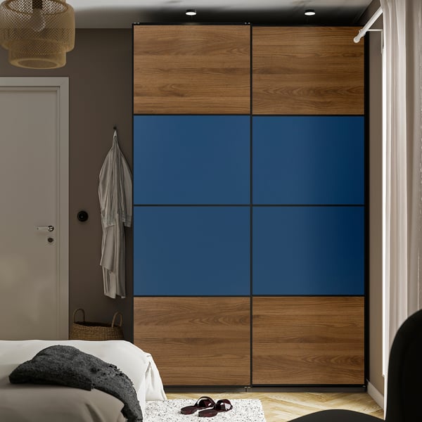 MEHAMN 4 panels for sliding door frame, walnut effect/blue, 75x236 cm