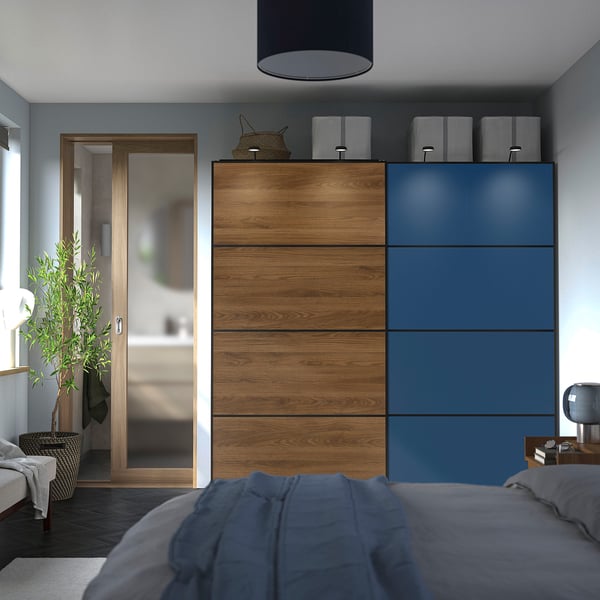MEHAMN 4 panel sliding door frame, walnut/blue effect, 100x201 cm