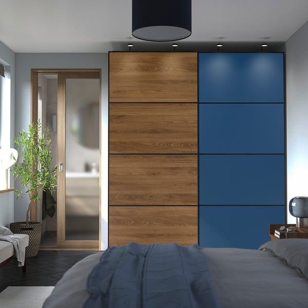 MEHAMN 4 panels for sliding door frame, walnut effect/blue, 100x236 cm