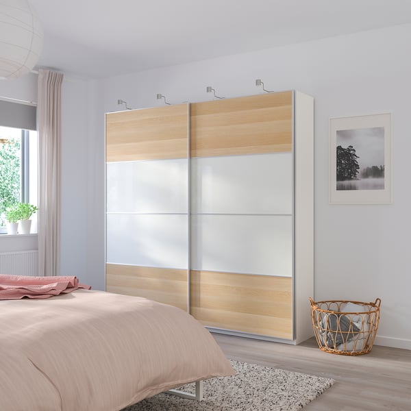 MEHAMN - MEHAMN 4 panels for sliding door frame, white stained oak effect/white, 100x201 cm