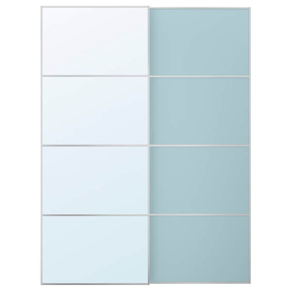 MEHAMN/AULI - Pair of sliding doors, aluminium double sided/light blue mirror glass, 150x201 cm