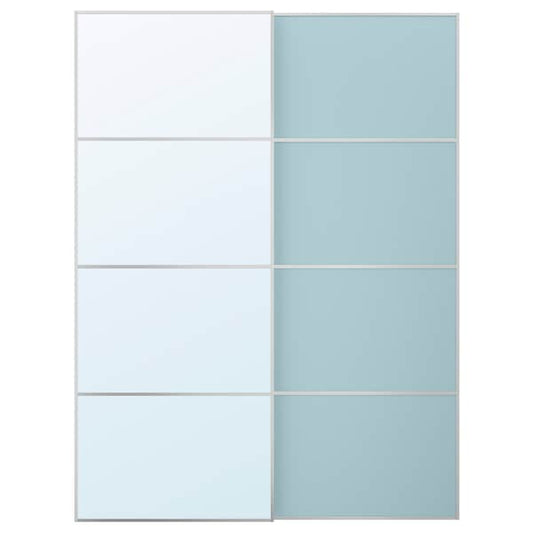 MEHAMN/AULI - Pair of sliding doors, aluminium double sided/light blue mirror glass, 150x201 cm