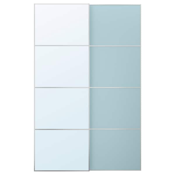 MEHAMN/AULI - Pair of sliding doors, aluminium double-sided/light blue mirror glass,150x236 cm