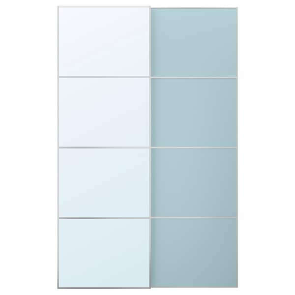 MEHAMN/AULI - Pair of sliding doors, aluminium double sided/light blue mirror glass, 150x236 cm