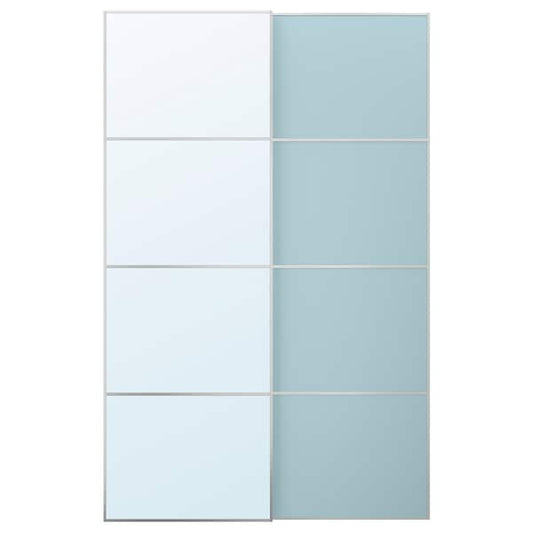 MEHAMN/AULI - Pair of sliding doors, aluminium double sided/light blue mirror glass, 150x236 cm