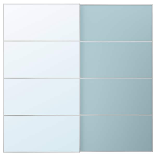 MEHAMN/AULI - Pair of sliding doors, aluminium double sided/light blue mirror glass, 200x201 cm