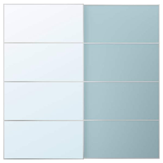 Ikea MEHAMN/AULI - Pair of sliding doors, aluminium double sided/light blue mirror glass, 200x201 cm