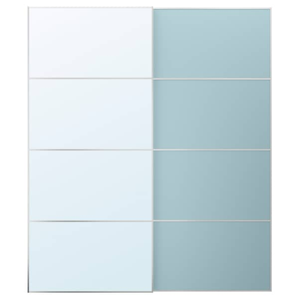 MEHAMN/AULI - Pair of sliding doors, aluminium double sided/light blue mirror glass, 200x236 cm