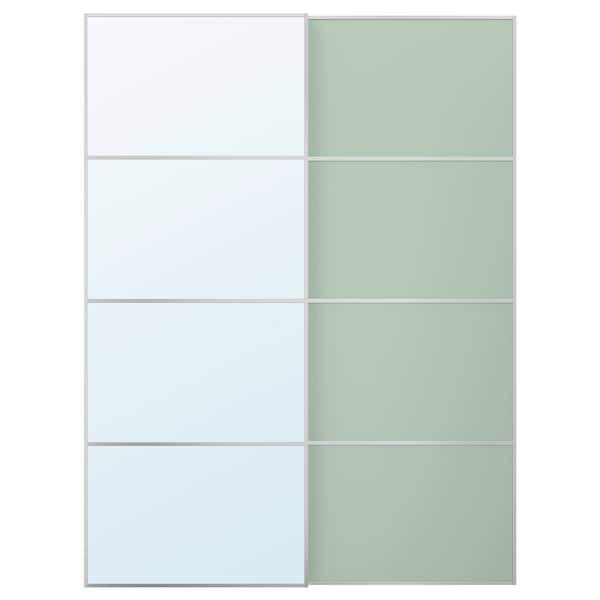 MEHAMN/AULI - Pair of sliding doors, aluminium double sided/light green mirror glass, 150x201 cm